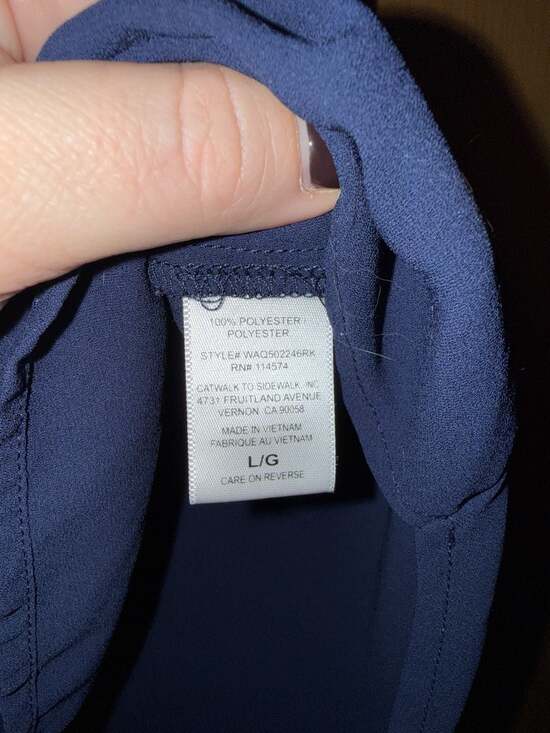 Pleione Navy Blue V-Neck Cap Sleeve Pleated Back Blouse Size L - Picture 3 of 5